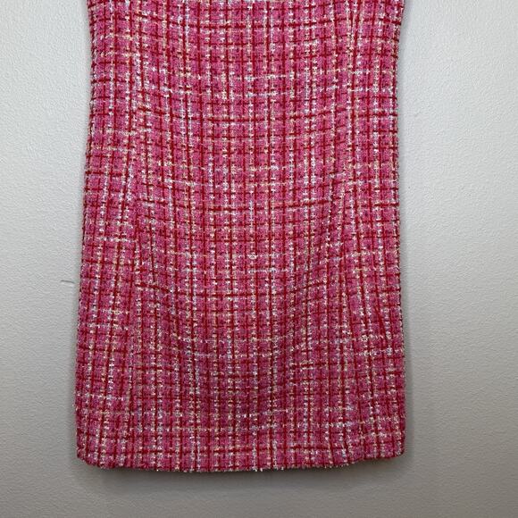 Ann Taylor Tweed Dress Womens Size 4 Pink Plaid Short Sleeve Round Neck Zip Back - Picture 4 of 7